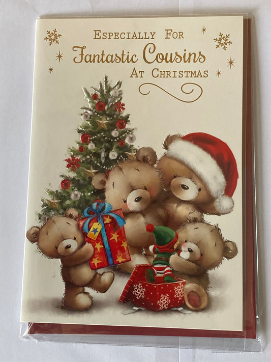 Especially For Fantastic Cousins At Christmas Card Teddy Family/Presents/Christmas Tree Foil Detail(VX107A)