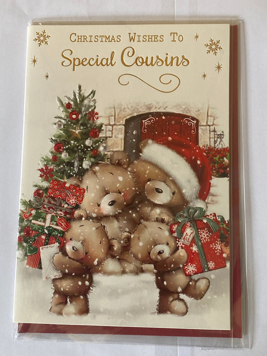 Christmas Wishes To Special Cousins Christmas Card Teddy Family/Presents/Christmas Tree/Snow Foil Detail(VX107B)