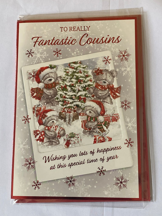 To Really Fantastic Cousins Christmas Card Grey Teddy Family/Christmas Tree/Red Words Foil Detail(PH48359A)