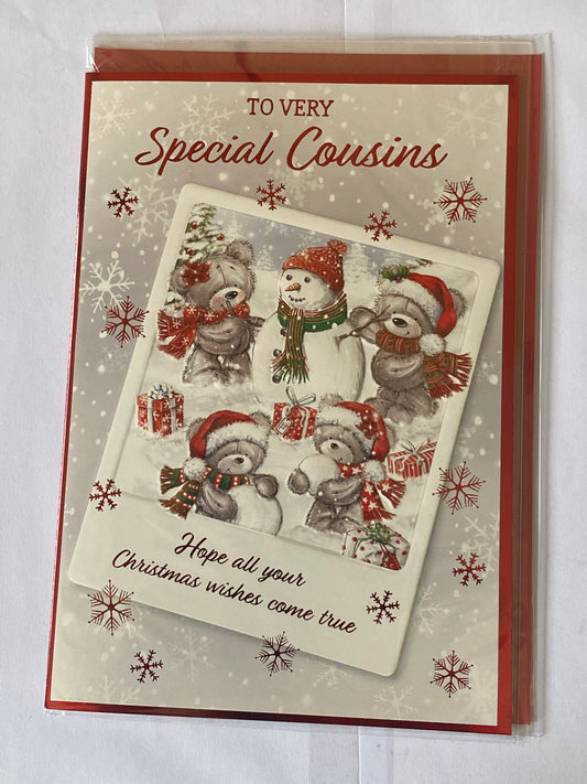 To Very Special Cousins Christmas Card Grey Teddy Family/Snowman/Red Words Foil Detail(PH48359B)