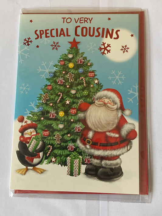 To Very Special Cousins Christmas Card Cute Santa/Penguin/Tree/Presents Foil Detail(VX147A)