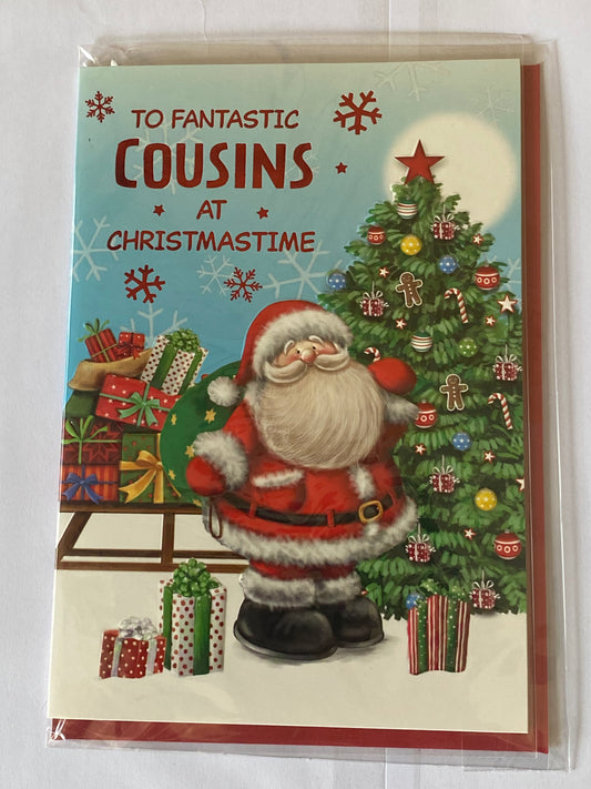 To Fantastic Cousins At Christmastime Christmas Card Cute Santa/Sledge/Tree/Presents Foil Detail(VX147B)