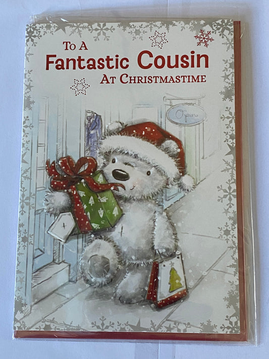 To A Fantastic Cousin At Christmastime Christmas Card Teddy Carrying Green Present/Gift Bag Foil Detail(NC-VX065B)