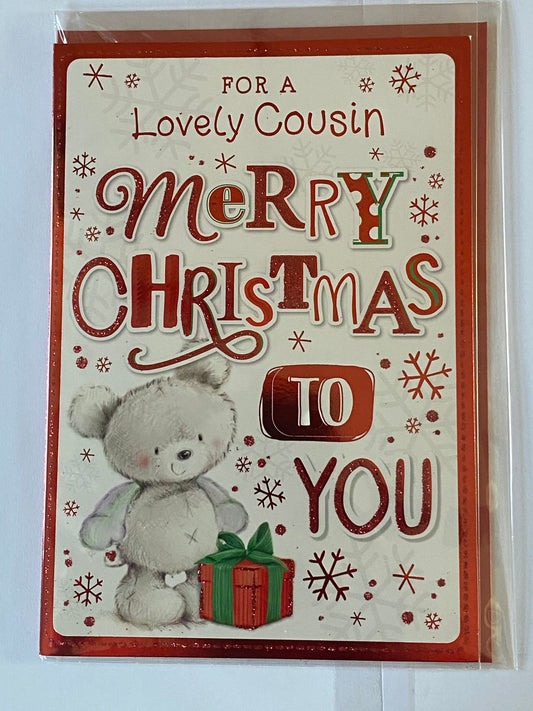 For A Lovely Cousin Merry Christmas To You Christmas Card Teddy/Red Present/Words Glitter/Foil Detail(PH45220B)