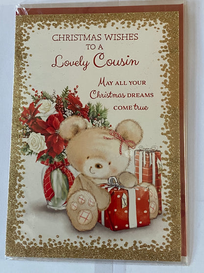 Christmas Wishes To A Lovely Cousin Christmas Card Teddy/Presents/Flowers/Gold Glitter Glitter/Foil Detail(PH46356B)