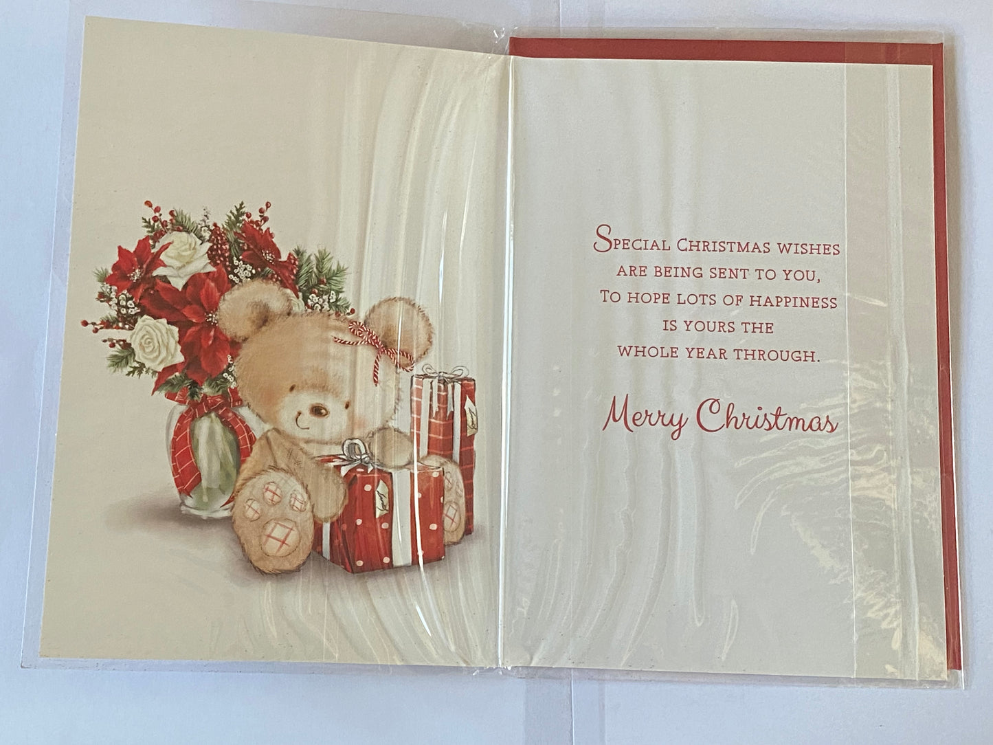 Christmas Wishes To A Lovely Cousin Christmas Card Teddy/Presents/Flowers/Gold Glitter Glitter/Foil Detail(PH46356B)