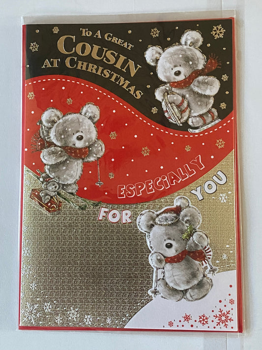 To A Great Cousin At Christmas Especially For You Christmas Card Black/Red/Silver Teddies Skiing Foil Detail(KI34955A)