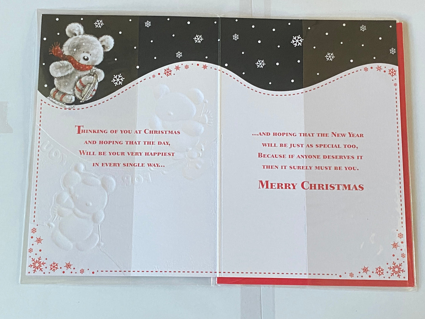 To A Great Cousin At Christmas Especially For You Christmas Card Black/Red/Silver Teddies Skiing Foil Detail(KI34955A)