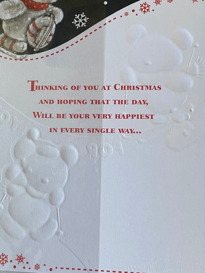 To A Great Cousin At Christmas Especially For You Christmas Card Black/Red/Silver Teddies Skiing Foil Detail(KI34955A)