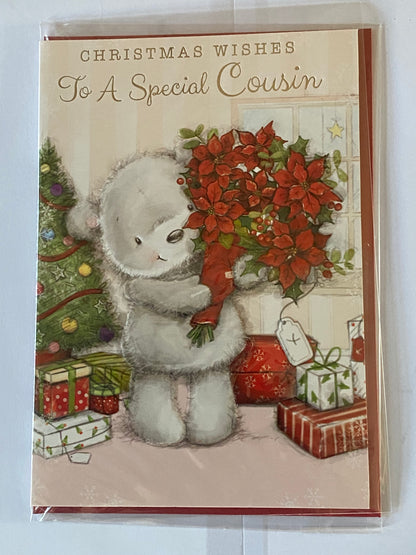 Christmas Wishes to A Special Cousin Christmas Card Grey Teddy Holding Bunch Red Flowers/Presents/Tree Foil Detail(NC-VX060A)