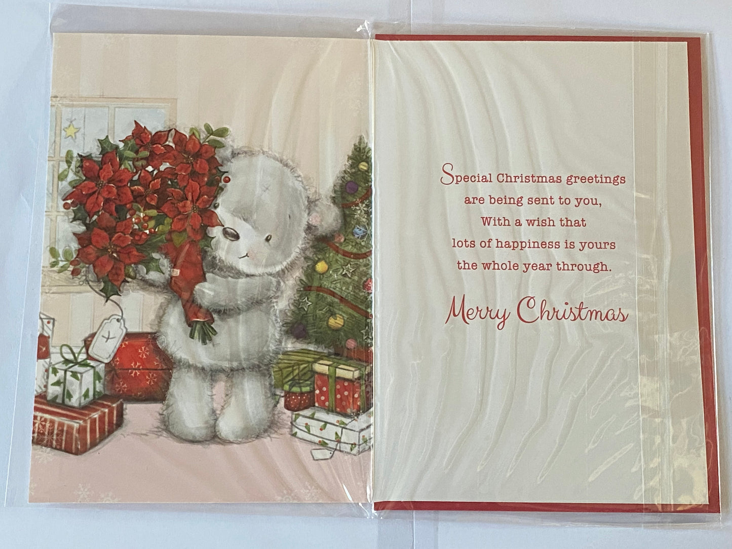 Christmas Wishes to A Special Cousin Christmas Card Grey Teddy Holding Bunch Red Flowers/Presents/Tree Foil Detail(NC-VX060A)