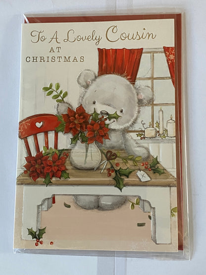 To A Lovely Cousin At Christmas Card Grey Teddy Flower Arranging Foil Detail(NC-VX060B)