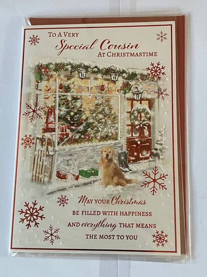 To A Very Special Cousin At Christmastime Christmas Card Christmas Shop/Dog/Wellies/Red Words Glitter/Foil Detail(PH46983B)