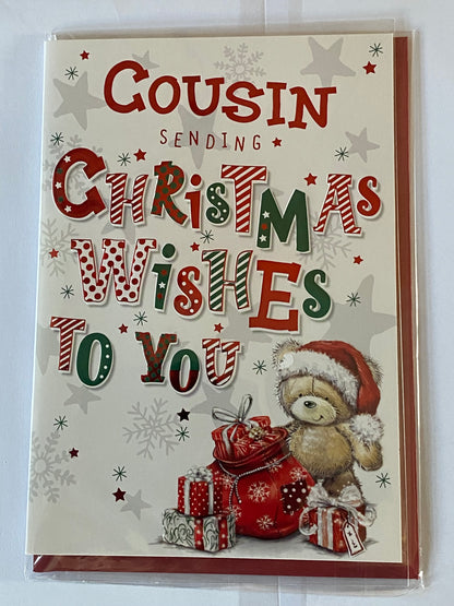 Cousin Sending Christmas Wishes To You Christmas Card Teddy/Presents/Words Foil Detail(PH47000A)