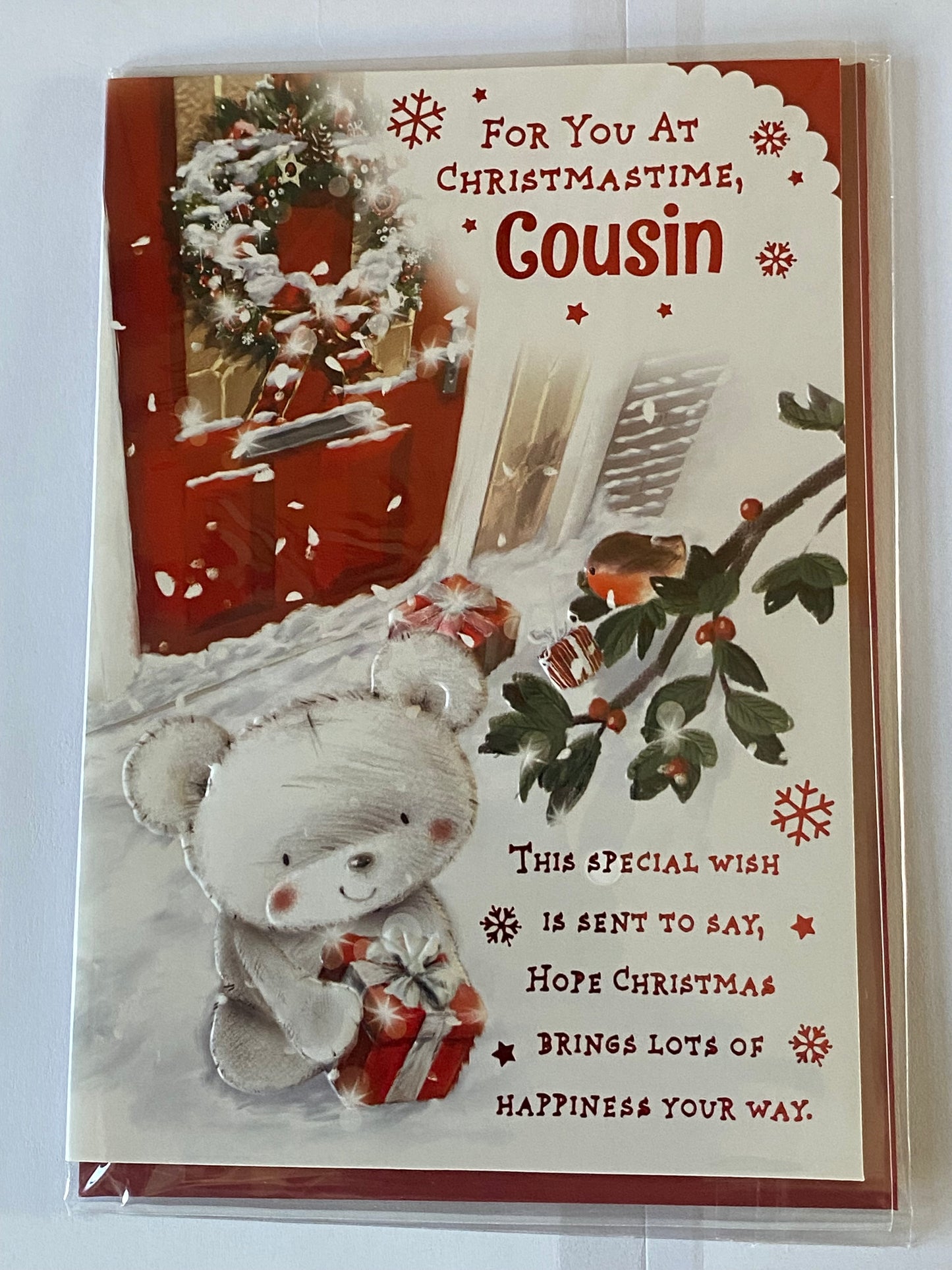 For You At Christmastime Cousin Christmas Card Grey Teddy/Red Present+Door/Robin On Branch/Red Words Foil Detail(PH46998A)