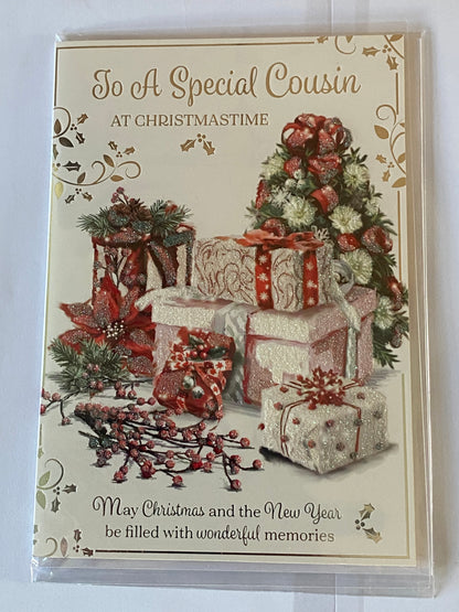 To A Special Cousin At Christmastime Christmas Card Presents/Berries/Flowers/Silver Words Glitter/Foil Detail(PH48357B)