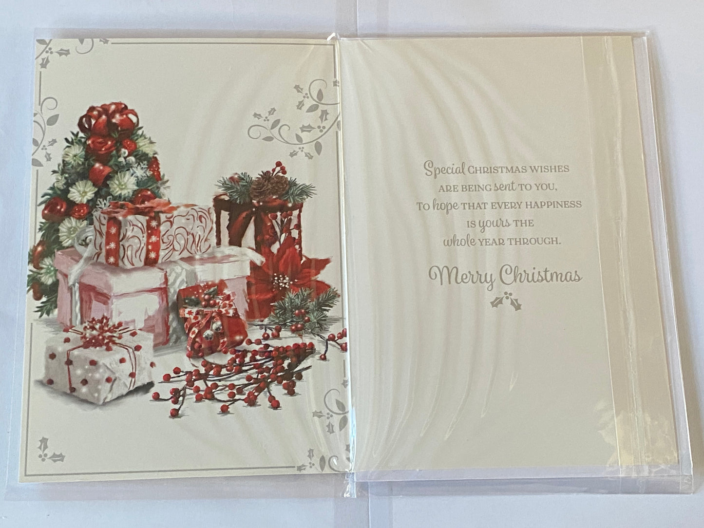 To A Special Cousin At Christmastime Christmas Card Presents/Berries/Flowers/Silver Words Glitter/Foil Detail(PH48357B)