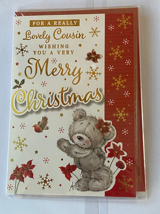 For A Really Lovely Cousin Wishing You A Very Merry Christmas Card Teddy Chasing Robin/Red Flowers/Words Foil Detail(PH49208B)