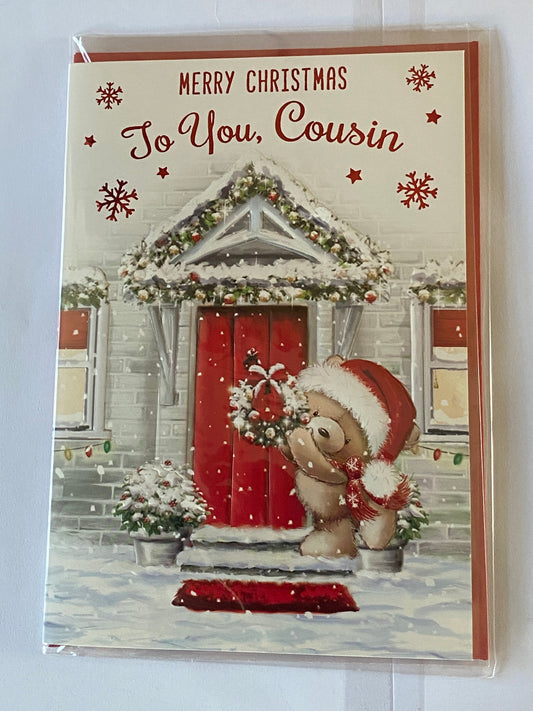 Merry Christmas To You Cousin Christmas Card Teddy/Red Door/Wreath Foil Detail(NC-VX177A)