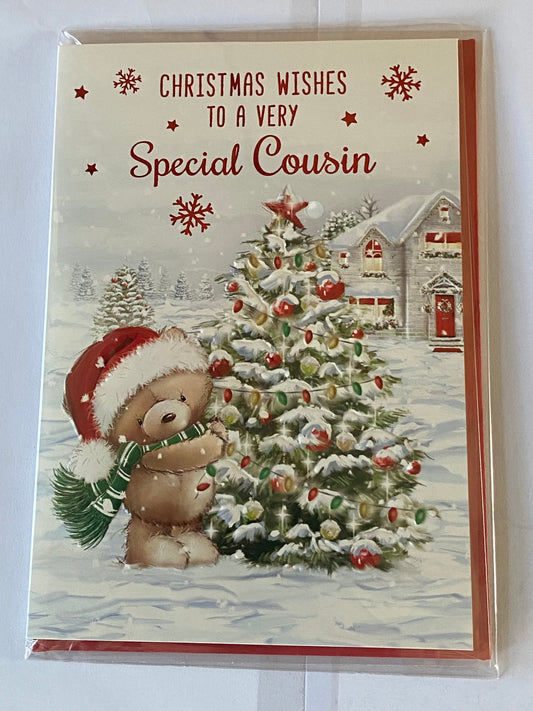 Christmas Wishes To A Very Special Cousin Christmas Card Teddy/Christmas Tree/Lights Foil Detail(NC-VX177B)