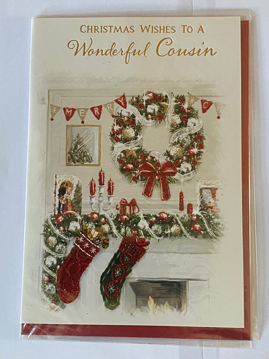 Christmas Wishes To A Wonderful Cousin Christmas Card White/Red/Green/Gold Stockings/Garland/Wreath/Fireplace Glitter/Foil Detail(NC-VX046A)