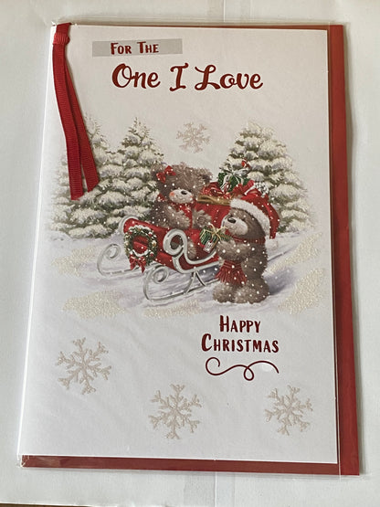 For The One I Love Happy Christmas Card Teddies/Red Sleigh/Presents(PRELUDE46256)