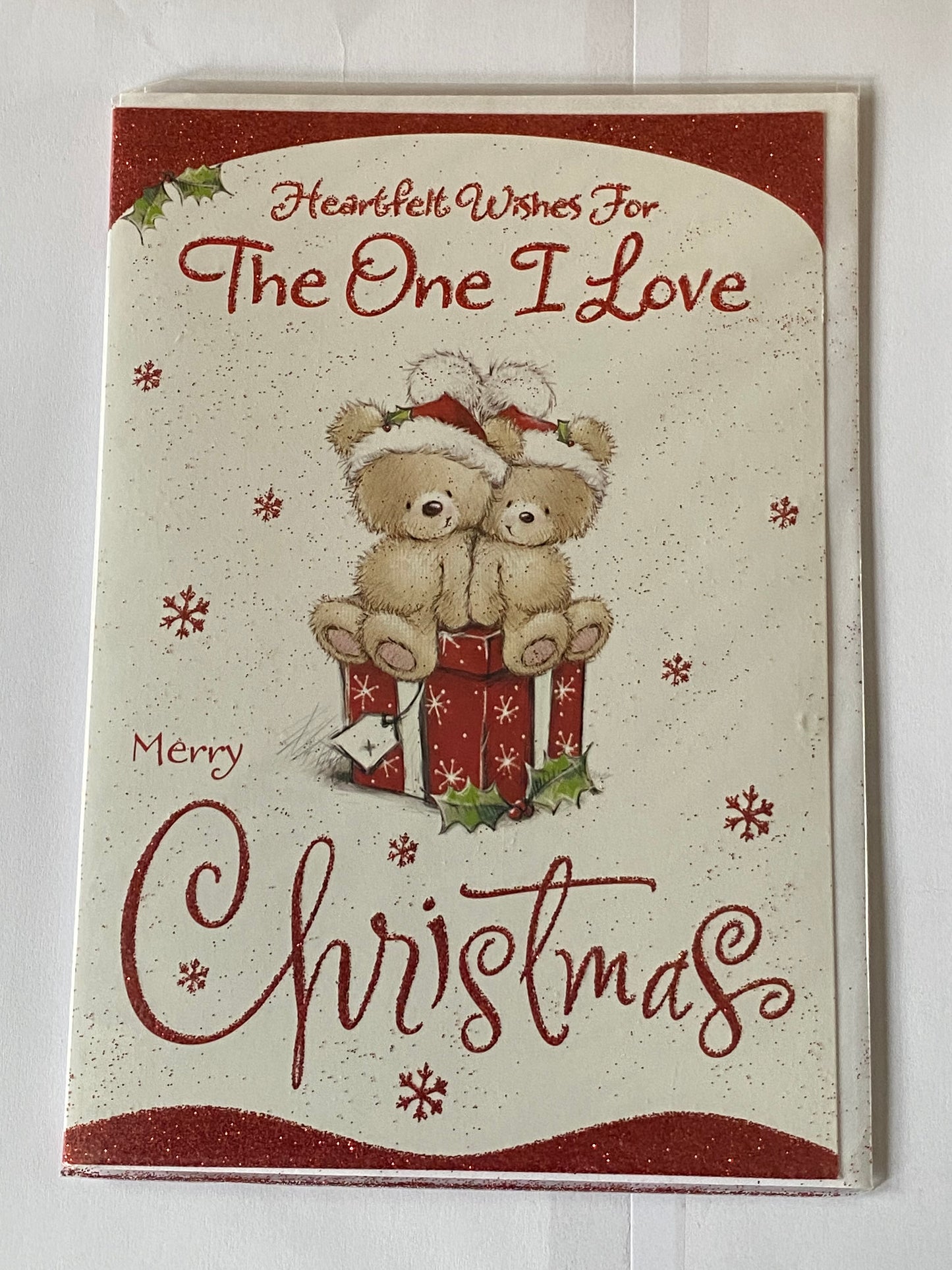 Heartfelt Wishes For The One I Love Merry Christmas Card Teddies Sat On Red Present(HSX2168B)