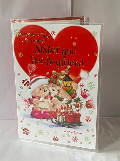 Christmas Wishes To A Special Sister And Her Boyfriend Christmas Card Sister & Boyfriend White/Red- Teddies/Heart(NLC50-016A)