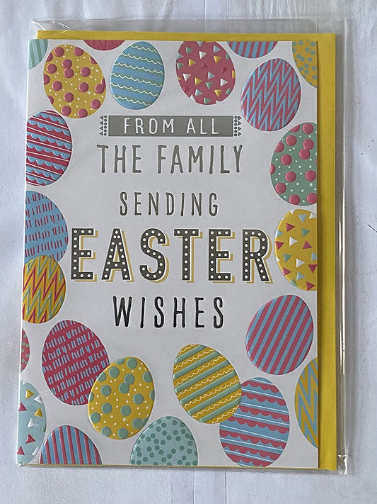 From All The Family Sending Easter Wishes Easter Card Multi Easter Eggs/Silver Words Foil Detail