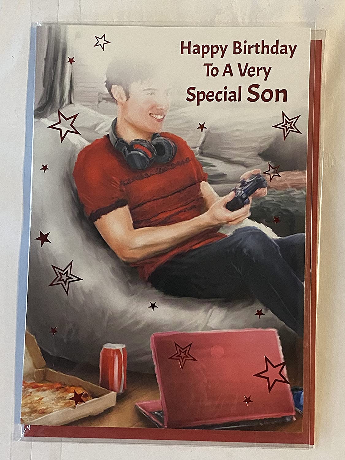 Happy Birthday To A Very Special Son Birthday Card Man Relaxing/Red T-Shirt+Laptop Foil Detail(NC-VA080E)