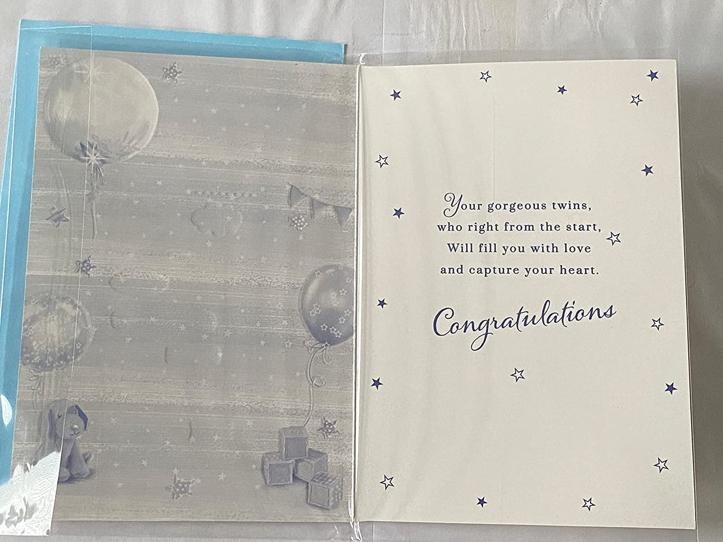 On The Birth Of Your Lovely Twins Congratulations Twin Boys New Baby Boy Born Birth Card Blue-Teddy/Dog/Toy Bricks/Balloons/Blue Words Foil Detail(PH48414E)