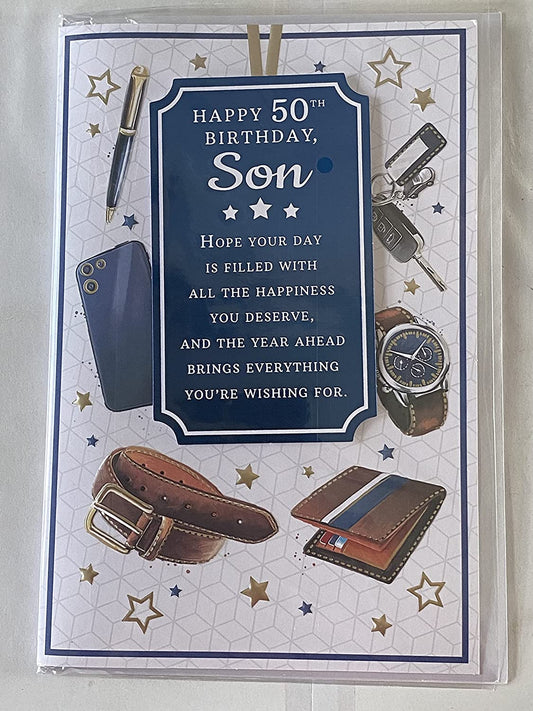 Happy 50th Birthday Son Birthday Card Age 50 50th Fifty Gadgets/Words 3D/Foil Detail(PRELUDE48663)