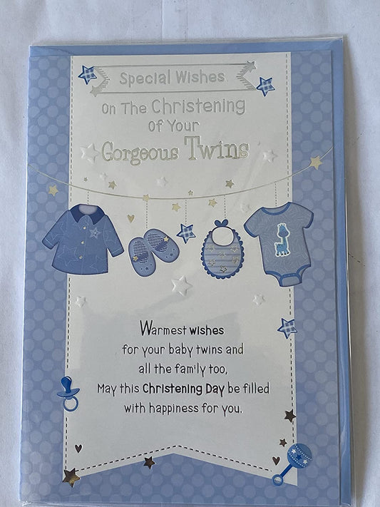 Special Wishes On The Christening of Your Gorgeous Twins Christening Card Twin Boys Boy Sons Christening Day Card Blue Clothes/Silver Words Foil Detail(PH39999A)