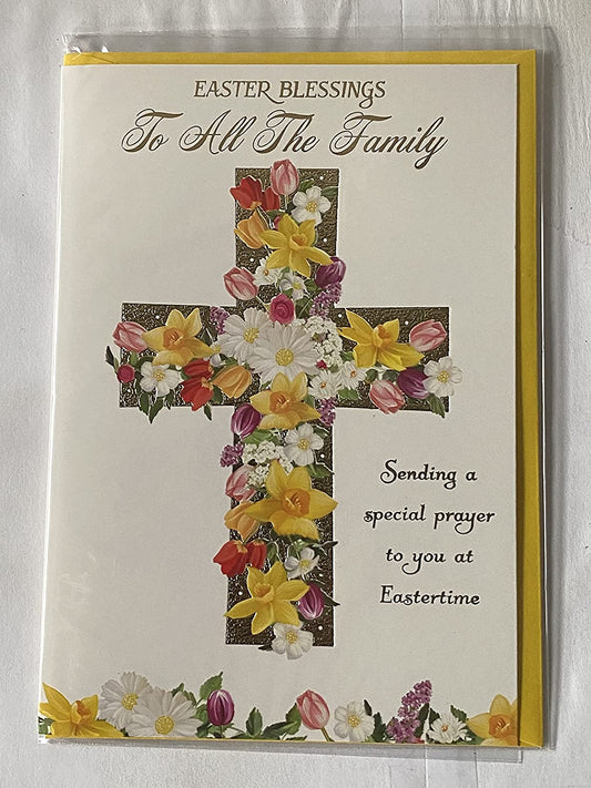 Easter Blessings To All The Family Easter Card Floral Cross/Gold Words Foil Detail