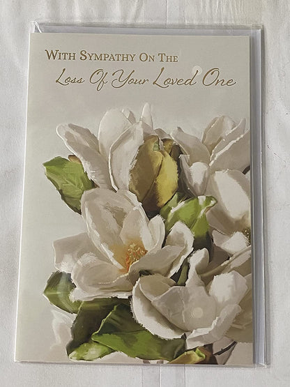 With Sympathy On The Loss of Your Loved One Sympathy Card Condolence White Flowers/Gold Words Foil Detail(NC-VA162E)