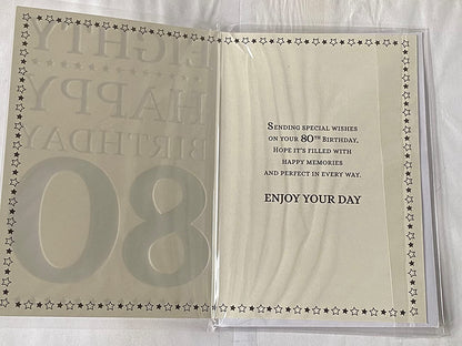 Mens Male Age 80 80th Eighty Eightieth Eighty Happy Birthday 80 Birthday Card Silver/Black Words/Stars Foil Detail(PH44442A)