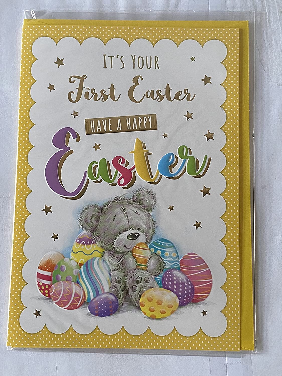 It's Your First Easter Have A Happy Easter Card Baby's Babys 1st Easter Sitting Grey Teddy/Multi Easter Eggs Foil Detail(PH48820A)