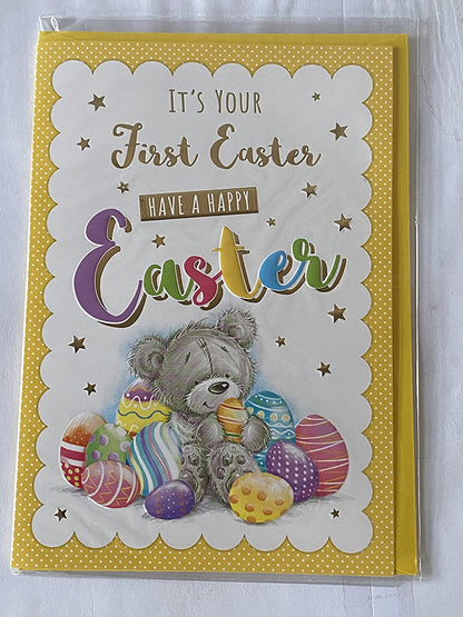 It's Your First Easter Have A Happy Easter Card Baby's Babys 1st Easter Sitting Grey Teddy/Multi Easter Eggs Foil Detail(PH48820A)