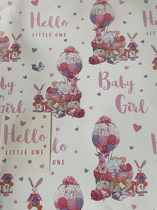 White/Pink-Gifts/Toys/Balloons/Hearts Hello Little One Baby Girl New Baby/Baby Shower Wrapping Paper + Gift Tag - 2 Sheets Wrapping Paper + 1 Gift Tag