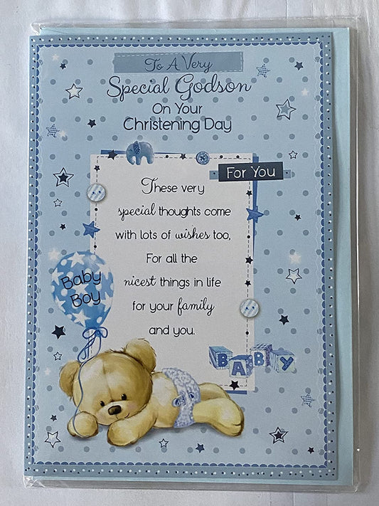 To A Very Special Godson On Your Christening Day Godson's Christening Day Card Blue-Teddy/Blue Balloon+Words Foil Detail(PH41079A)