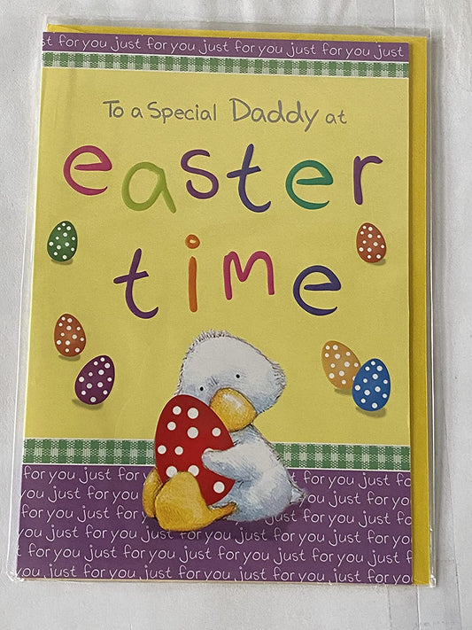 To A Special Daddy At Easter Time Easter Card Yellow-Duck/Multi Easter Eggs/Words Foil Detail