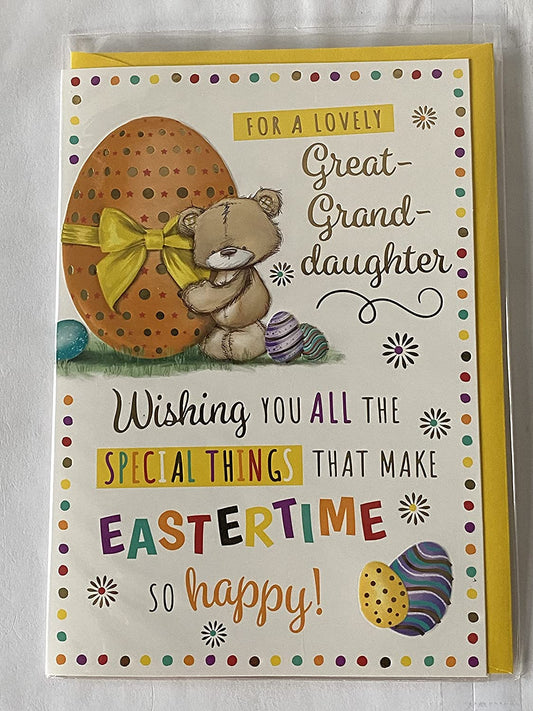 For A Lovely Great-Granddaughter Easter Card Teddy/Big Orange Easter Egg/Multi Words/Spots Foil Detail(PH48819A)