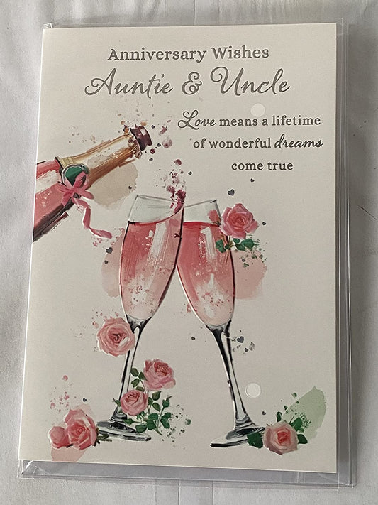 Anniversary Wishes Auntie & Uncle Wedding Anniversary Card Pink Champagne/Flutes/Pink Flowers Foil Detail(NC-VA219E)