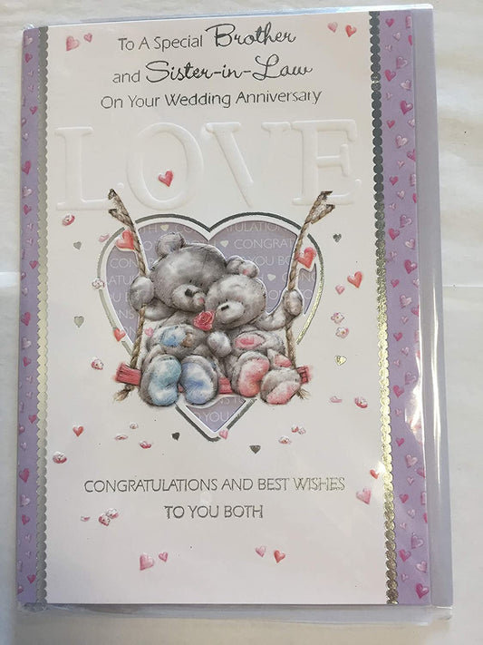 To A Special Brother & Sister-in-Law On Your Wedding Anniversary Card White/Purple Teddies/Swing Foil Detail