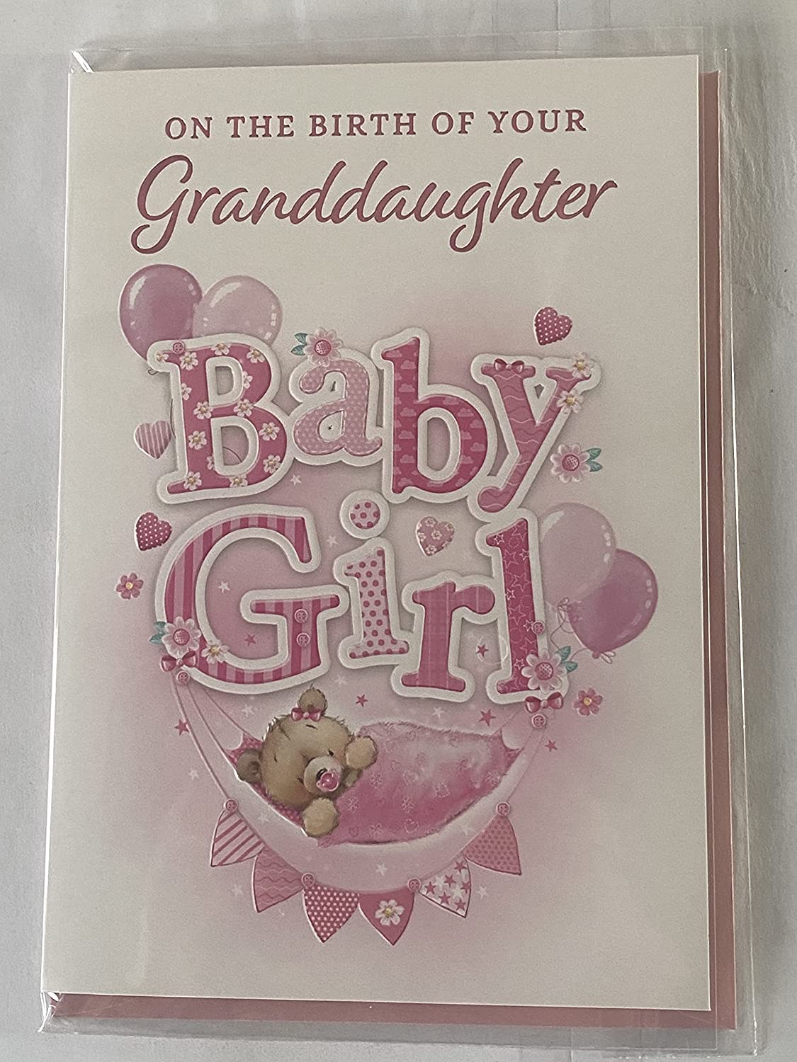 On The Birth of Your Granddaughter New Baby Girl Born Card to Grandparents Teddy/Pink Hammock/Pink Balloons Foil Detail(VA214E)