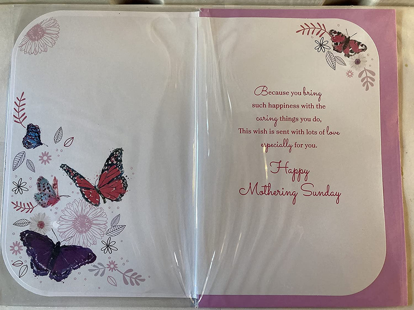 For You On Mothering Sunday With Love Mother's Day Mothers Day Card White-Butterflies/Flowers/Pink Words 3D/Glitter/Foil Detail