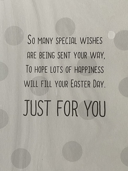 To A Very Special Friend Easter Wishes Easter Card Teddy/Yellow Easter Eggs/Rabbit/Chicks/Spots Foil Detail(PH47781A)