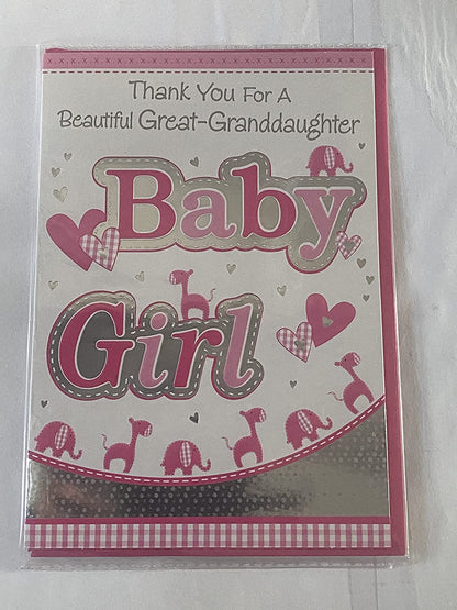 Thank You For A Beautiful Great-Granddaughter Baby Girl New Baby Girl Born Birth Card from The Great-Grandparents Words/Animals Foil Detail(PH35649E)