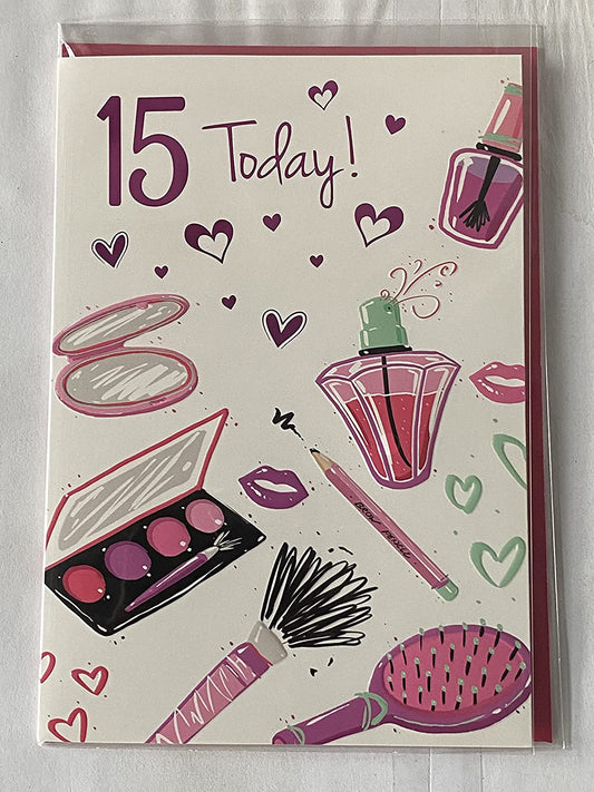 Girls Female Age 15 15th Fifteen Fifteenth 15 Today! Birthday Card White/Pink/Purple/Green Hairbrush/Perfume/Hearts Foil Detail