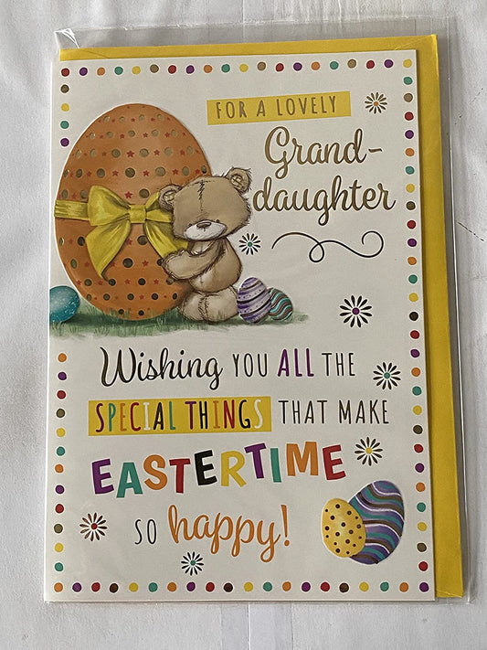 For A Lovely Granddaughter Easter Card Teddy/Big Orange Easter Egg/Multi Words/Spots Foil Detail